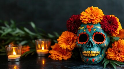 Day of the Dead Skull with Marigolds and Candles