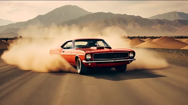 A Vintage Red Car Drifting and Moving forward sand Dust Mountain sky 