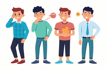 Set of character men with pain in different parts of the body. Backache, abdominal pain, headache, migraine
