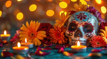 Fototapeta premium Day of the Dead Skull with Marigolds and Candles