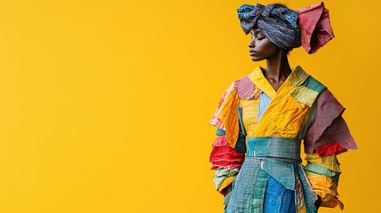 Abstract collage of fabric scraps forming a stylish outfit, highlighting zero-waste fashion, sustainable design. Copy space for text, No logo, No Trademark, No text