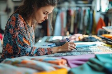 Fototapeta premium Designer sketching a clothing line using recycled fabrics, emphasizing sustainable fashion practices, creative recycling. Copy space for text, No logo, No Trademark, No text