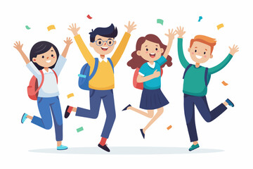 Happy group of students are jumping on a white background. Cheer
