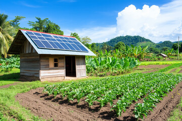 Photograph of a small farm with solar panels on the roof and a cabin surrounded by crops in a tropical setting 