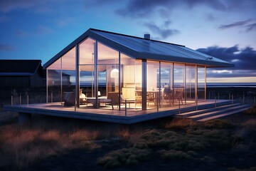 Fototapeta premium A large house with a lot of glass windows. The house is surrounded by mountains and the sun is setting. Real estate banner