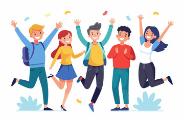 Happy group of students are jumping on a white background. Cheer
