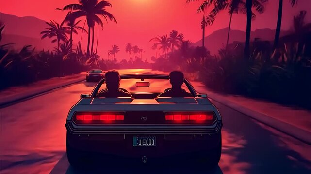 Person Driving car 80's retro vintage sunset palm trees synth Red Orange 