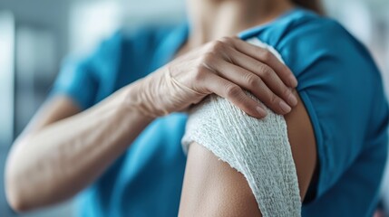 A person in medical attire holds their shoulder with a bandage applied, indicating injury and recovery, emphasizing care and personal health in a medical setting.