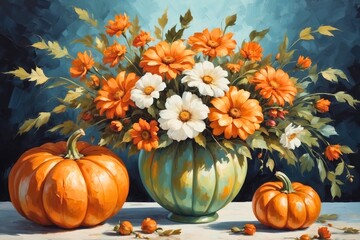 Halloween Pumpkin painting with colorful bouquet botanical flowers, seasonal holiday autumn fall theme concept texture design.
