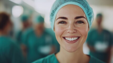 Close-up of a nurse wearing teal scrubs and a scrub cap, smiling widely in a hospital environment with blurred medical staff in the background, showing genuine warmth and care.