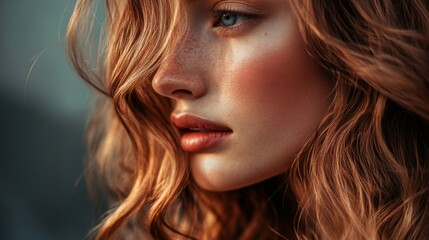 Fototapeta premium A close-up of a woman with elegant, wavy hair styled in soft, loose curls, with a focus on the shine and movement of her hair.
