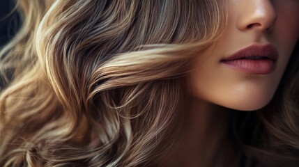 Fototapeta premium A close-up of a woman with elegant, wavy hair styled in soft, loose curls, with a focus on the shine and movement of her hair.