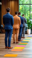 Fototapeta premium Businessmen Standing in Line on Colorful Floor Tiles