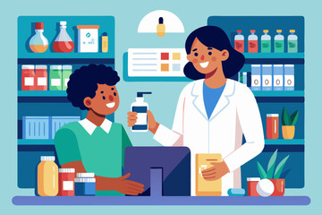 Pharmacist doctor and patient in the drugstore. A client woman buys drugs at a pharmacy

