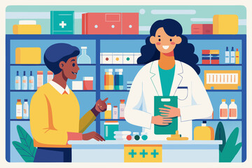 Pharmacist doctor and patient in the drugstore. A client woman buys drugs at a pharmacy
