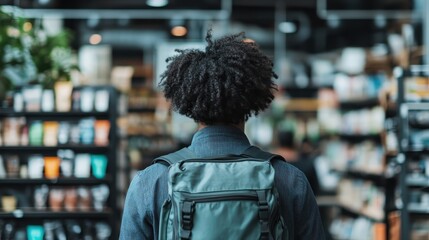 A man with afro hairstyle and a backpack is seen from behind walking through a store aisle filled with various products, focusing on shopping items.