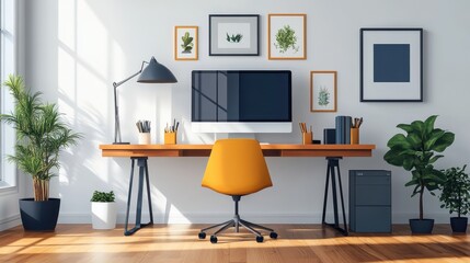 Modern Home Office with Bright Yellow Chair
