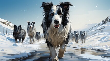 Naklejka premium A group of energetic border collies run through a snowy landscape with mountains in the background, perfect for holiday cards, winter adventure advertisements, or pet-related media,