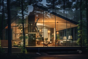 A small, house is surrounded by trees and has a large window. The house is lit up at night, creating a cozy and inviting atmosphere