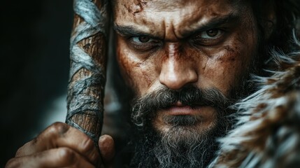 A fierce warrior with a scarred face and intense eyes holds a weapon, exuding strength, determination, and resilience, captured in a dramatic, historically inspired setting.
