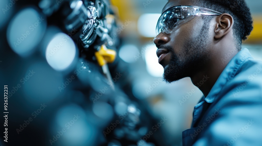 Aufkleber an engineer is intently working on an industrial machine part, surrounded by complex components in a