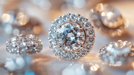 A close-up of diamond earrings with a unique design, such as a halo setting or a cluster of small diamonds, showcasing the intricate details and brilliance.
