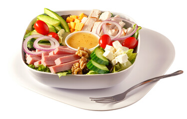 Fresh, healthy chef salad with deli meats, cheese, fresh vegetables in a white bowl with dressing in the middle; png file, copy space