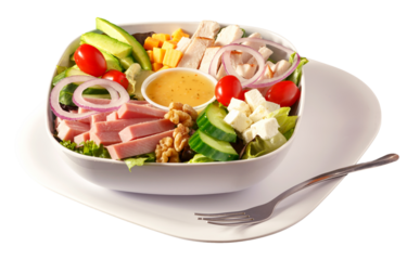 Fresh, healthy chef salad with deli meats, cheese, fresh vegetables in a white bowl with dressing in the middle; png file, copy space