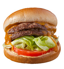 Double cheeseburger with lettuce, tomato and sauce; png file, copy space