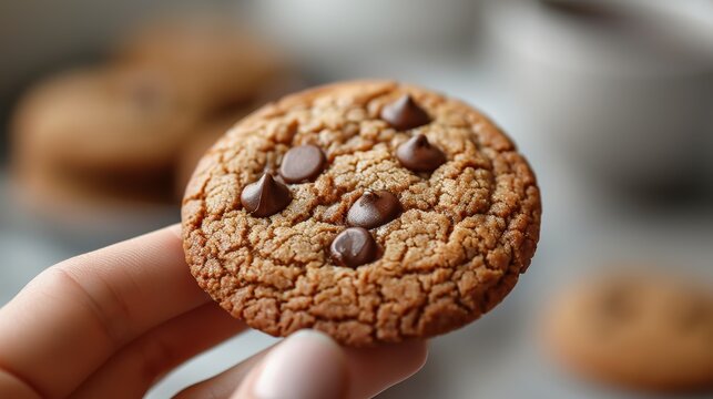 Close-up of a hand holding a golden brown chocolate chip cookie with gooey chocolate chips, offering a tasty treat.