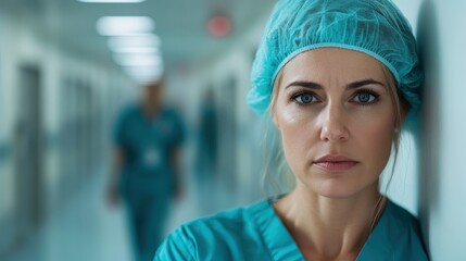 A nurse dressed in surgical uniform with a concerned expression, standing in a hospital hallway, representing the dedication and challenges faced by medical professionals.