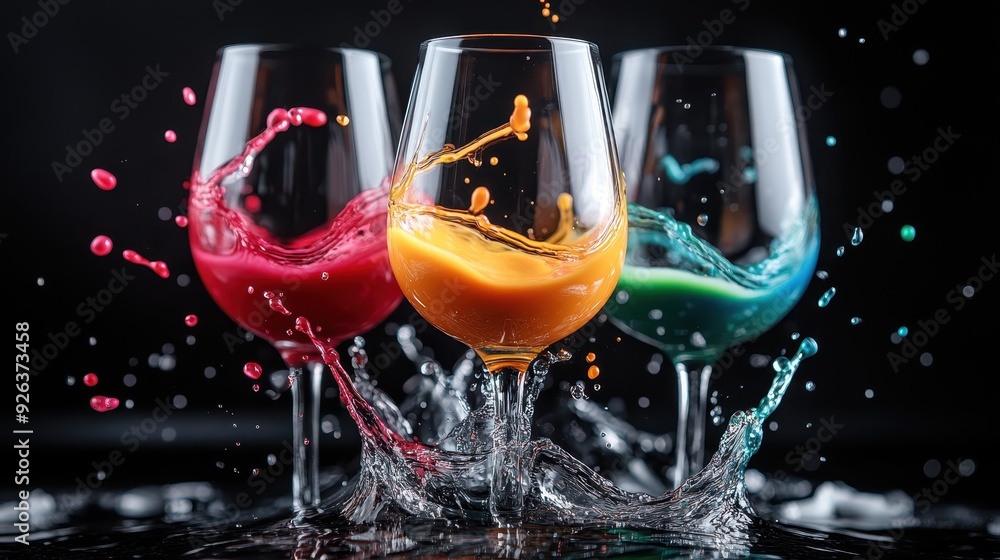 Poster three glasses with colorful liquids creating dynamic splashes against a black background, showcasing
