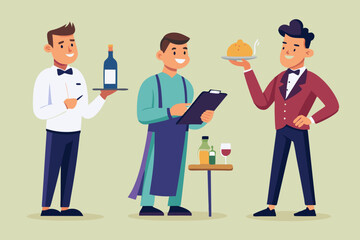 Set of character of a waiter man with a tray, with a bottle of wine, write down a customer's order, invites
