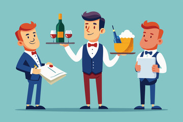 Set of character of a waiter man with a tray, with a bottle of wine, write down a customer's order, invites
