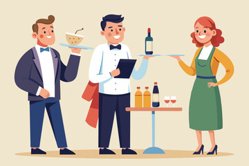 Set of character of a waiter man with a tray, with a bottle of wine, write down a customer's order, invites
