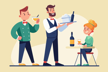 Set of character of a waiter man with a tray, with a bottle of wine, write down a customer's order, invites
