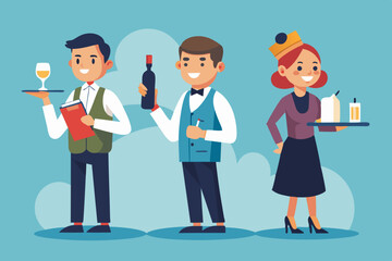 Set of character of a waiter man with a tray, with a bottle of wine, write down a customer's order, invites
