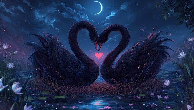 A devoted pair of black swans kiss in the shape of a heart against a nighttime lake and nest.