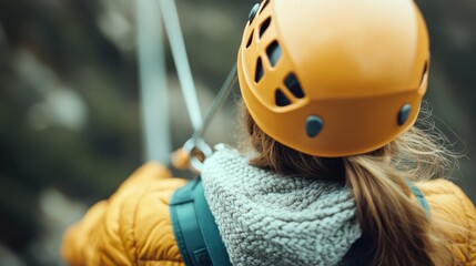 Person clad in a yellow jacket and safety helmet zip lining through a lush forest, expressing thrill, adventure, and excitement amidst a natural green backdrop.