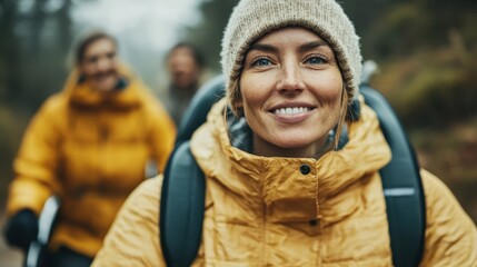 A smiling woman in a yellow jacket is out hiking with companions in a natural, misty scenic environment, capturing the essence of adventure, joy, and the love for the outdoors.