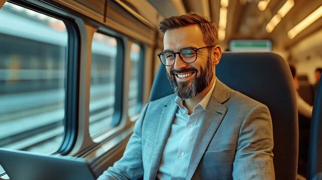 A middle-aged, attractive businessman is riding a high-speed train and uses his laptop.