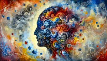 abstract art painting visually represents the fusion of a person's head  undergoing destruction