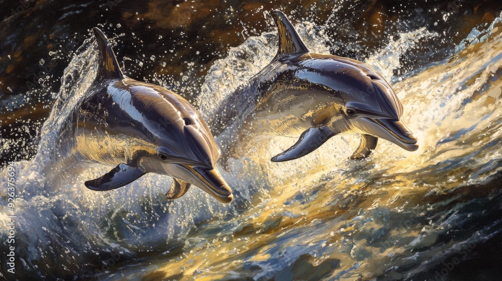 Poster a close-up of two dolphins swimming side by side, their bodies partially out of the water, capturing