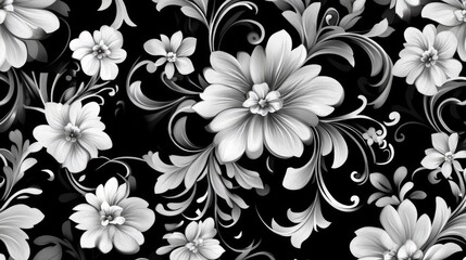 Black and white floral pattern with intricate details, elegant background