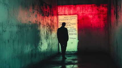 Silhouette of Man in Colorful Corridor Contemplating Shadow Work Concept with Written Sign