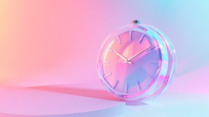 3D Glass Clock on Pastel Gradient Background with Copy Space