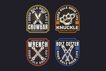 brass knuckle, crowbar, wrench, steel bolt cutter retro badge logo design set for sport, fighter, adventure, gangster and garage