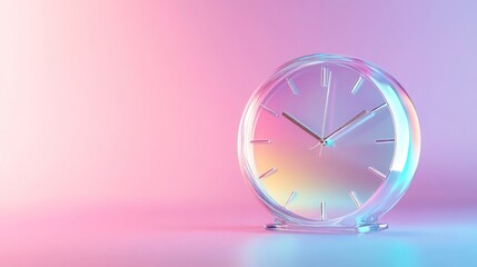 3D Glass Clock on Pastel Gradient Background with Copy Space