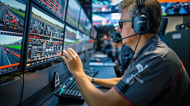 Race director at the motorsport track control room with several TV monitoring lines