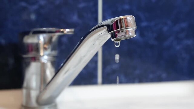 A drop of water drips from a leaky faucet